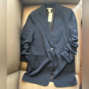 H&M Chic Long Ruched Sleeve Dark Navy Blazer